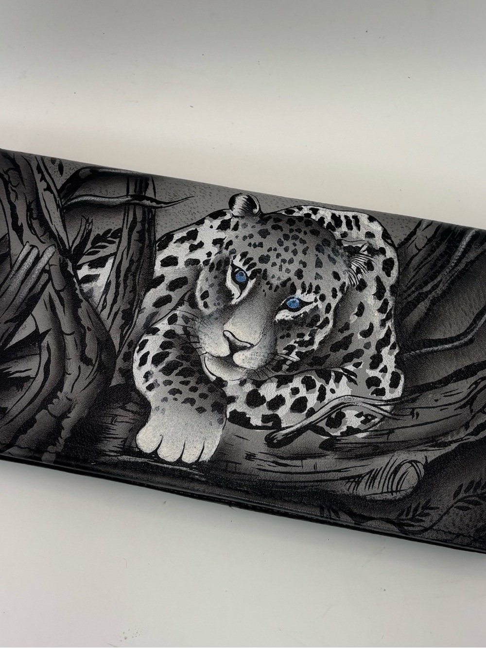 Anna by Anuschka NWT Leather Leopard Wallet Handpainted in Black, Grey and Blue